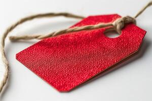 Close-up of a red textured gift tag tied with natural twine, perfect for festive occasions. photo