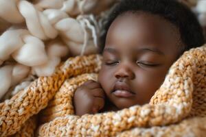 A peaceful baby girl of African descent, nestled in a cozy yellow blanket, peacefully sleeping with a serene expression. photo