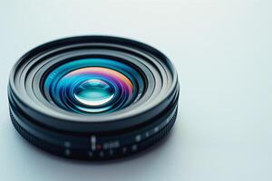 Close-up of a professional camera lens with colorful reflections, showcasing high-quality photography equipment. photo