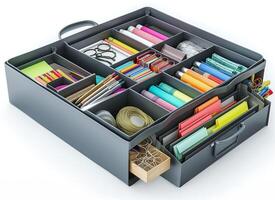 Organized workspace drawer filled with colorful stationery supplies and office tools. photo
