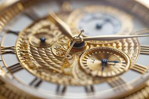 A close-up view of an intricate gold watch mechanism showcasing fine gears and craftsmanship. photo
