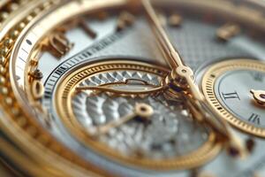 A close-up view of an intricately designed gold pocket watch showcasing its elegant details and craftsmanship. photo