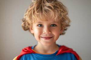 Adorable young Caucasian boy with curly hair smiling brightly in a superhero costume. photo