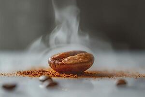 A steaming roasted coffee bean resting on coffee grounds, creating a warm and inviting atmosphere. photo