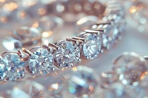 Close-up view of a stunning diamond bracelet, capturing its brilliance and sparkle against a soft background. photo