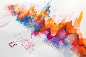 Vibrant abstract data visualization with warm colors representing trends and fluctuations in data. photo