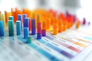 Colorful data visualization with 3D bar graphs in shades of blue, orange, and purple, showcasing statistical trends. photo