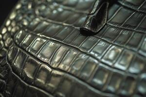 Close-up of a luxurious black crocodile leather handbag showcasing its unique texture and craftsmanship. photo