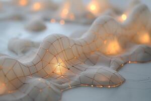 An abstract sculpture with soft contours and illuminated grid patterns, creating a serene and modern atmosphere. photo