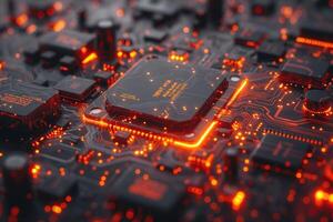 Close-up of a futuristic circuit board with glowing orange elements, creating a vibrant tech atmosphere. photo