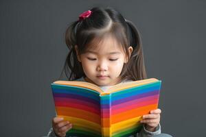 A young Asian girl with pigtails focused on reading a colorful book. photo