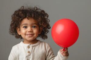 A joyful young Black child with curly hair holding a bright red balloon, smiling at the camera against a gray backdrop. photo