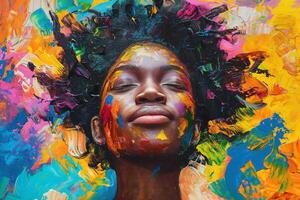 A young Black woman with a serene expression surrounded by vibrant, swirling colors, showcasing artistic expression and creativity. photo