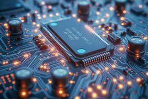 Close-up of a microchip resting on a vibrant circuit board, showcasing intricate details and glowing connections. photo