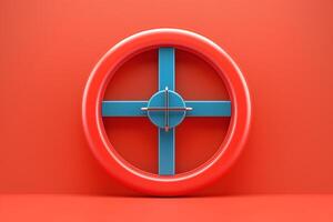 A vibrant red circular target with a contrasting blue crosshair, set against a solid red background. photo