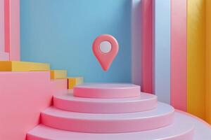A colorful minimalist scene featuring a floating location pin amid pastel-colored geometric shapes. photo