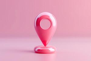 A glossy pink location pin on a soft pink background, symbolizing navigation and mapping services. photo