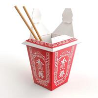 Close-up of a traditional red takeout box with chopsticks, representing Asian cuisine. photo