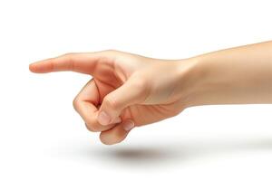 A close-up of a human hand, showcasing a precise pointing gesture against a clean, white background. photo