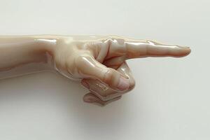A close-up of a human hand pointing, showcasing a glossy and smooth texture with a light beige color. photo