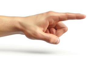 A realistic human hand pointing to the right, showcasing details of the fingers and skin texture. photo