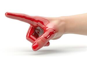 A striking close-up of a glossy red-painted hand pointing forward, symbolizing direction and emphasis. photo