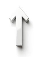 Three-dimensional white arrow pointing upwards on a bright background. photo