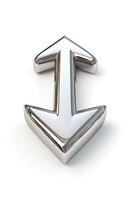 A shiny, three-dimensional metallic arrow pointing both up and down, symbolizing progress and decision-making. photo
