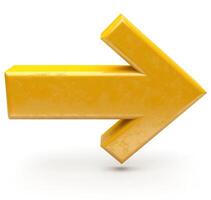 A bold, three-dimensional yellow arrow pointing to the right against a clean white background. photo