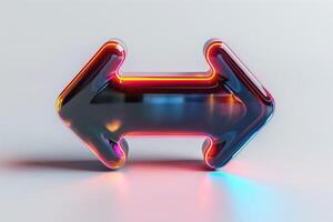 A vibrant 3D glossy arrow symbol featuring a colorful neon glow, pointing left and right, set against a clean, light background. photo
