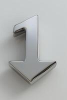 A shiny metallic number one with a downward arrow design, set against a light gray background, symbolizing ranking or priority. photo