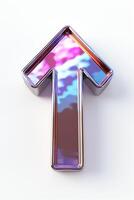 A glossy, metallic arrow shape reflecting vibrant colors in its surface, symbolizing upward growth and progress. photo