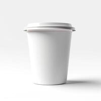 A minimalist white takeaway cup with a lid, perfect for coffee or tea, set against a clean white background. photo