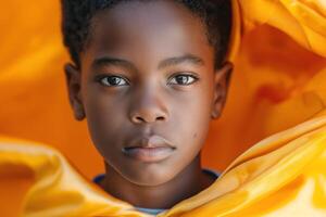 A young Black boy with a serious expression is framed in vibrant orange fabric, highlighting his striking features and deep brown eyes. photo