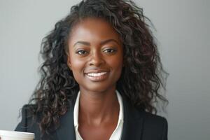 Smiling African American woman in a business suit enjoying coffee in a modern office setting. photo
