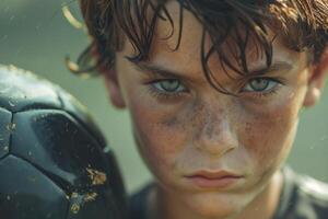 Intense Caucasian boy with striking green eyes holds a rain-soaked soccer ball, embodying determination and grit. photo