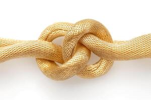 Close-up of an intricate golden knot, showcasing its woven texture against a white background. photo