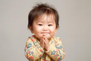 Adorable Asian toddler with a joyful smile, hands together in a playful pose, radiating innocence and happiness. photo