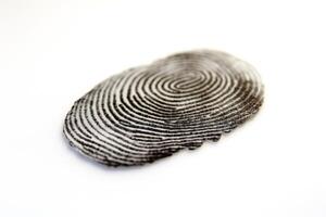 Detailed black and white fingerprint on a clean white background, showcasing unique ridge patterns. photo