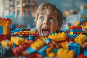 Excited young boy with light brown hair joyfully playing in a colorful pile of building blocks. photo