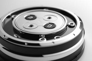 Close-up of a sleek, modern device showcasing intricate metallic buttons and a polished surface, exuding sophistication and innovation. photo