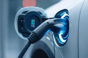 Close-up of an electric vehicle charging port with a charging cable plugged in, showcasing modern technology. photo