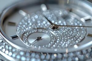 Close-up of an elegant silver watch adorned with sparkling diamonds, showcasing intricate details and a luxurious design. photo