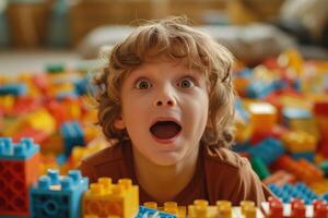 A joyful young Caucasian boy with curly hair excitedly playing with colorful building blocks. photo