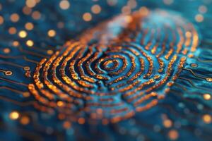 Close-up of a glowing fingerprint over an abstract circuit board background, symbolizing security and technology in a modern world. photo