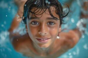 A young Middle Eastern boy swimming joyfully in a swimming pool, showcasing bright eyes and a cheerful expression. photo