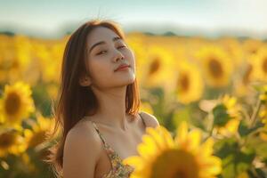 A serene young woman of Asian descent enjoys the warmth of sunlight in a vibrant sunflower field. photo