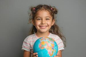 Cheerful young Latina girl holding a globe, showcasing her enthusiasm for the world around her. photo