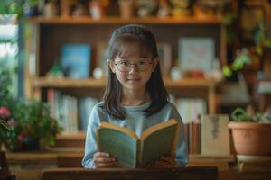 Young Asian girl with glasses smiling while reading a book in a cozy library setting. photo