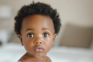 A curious Black baby with large brown eyes gazes into the camera, capturing innocence and wonder. photo
